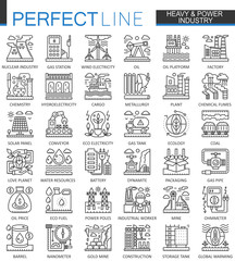 Heavy power industry outline concept symbols. Factory and renewable energy modern stroke linear style illustrations set. Perfect thin line icons.