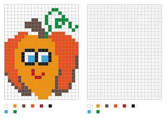 Kids coloring page, pixel coloring with funny pumpkin. Vector illustration