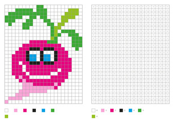 Kids coloring page, pixel coloring with funny radish. Vector illustration