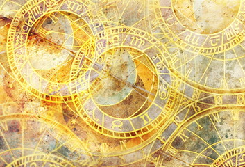 Fototapeta na wymiar Old clock and zodiac collage. Abstract color background.