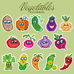 Colorful pixel patch badges with vegetables. Vector illustration