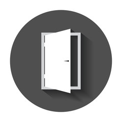 Door vector icon. Exit icon. Open door illustration with long shadow.