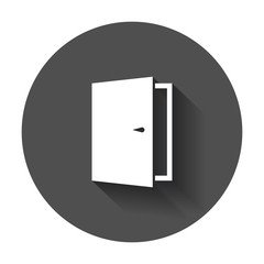 Door vector icon. Exit icon. Open door illustration with long shadow.