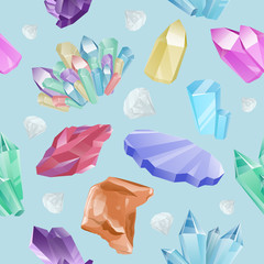 Vector set of colored minerals, crystals, gems and diamonds. Magic crystals of different forms on white background. Isolated bright shining jewels of pink, blue and green colors