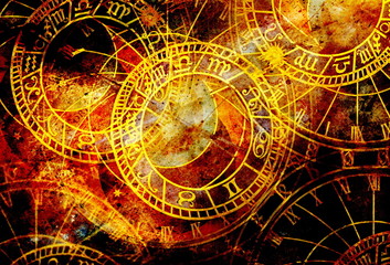 Old clock and zodiac collage. Abstract color background.