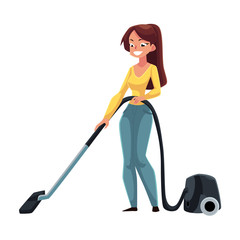Pretty young woman, housewife cleaning house with vacuum cleaner, cartoon vector illustration isolated on white background. Full length portrait of woman, girl with vacuum cleaner doing housework