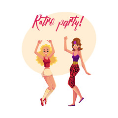 Retro disco party banner, invitation with two girls in 1980s style aerobic outfit, cartoon vector illustration. 80s style retro disco party invitation banner, poster layout with two aerobics girl