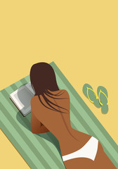 Girl reading on the beach lying on a towel. Vector Illustration