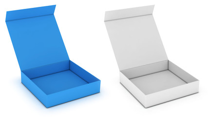 Packing colored boxes with a hinged lid. Set of 3d images isolated on white.