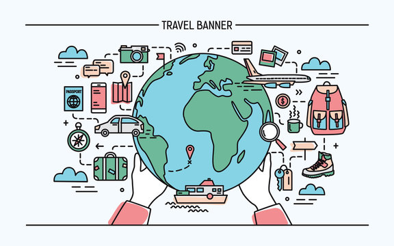 Concept of travel and tourism. Horizontal advertising banner with earth, transport, things necessary traveler. Colorful vector illustration in lineart style.