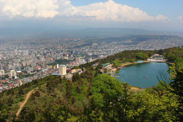 Fototapeta na wymiar View of Turtle Lake and panorama of Tbilisi, Georgia