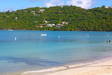 Tranquil morning at Magens Bay on St Thomas Island, US VI. Palm shadow on the waters of Caribbean Sea and view on picturesque holiday houses.
