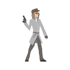 Detective character standing and holding gun. Private investigator, inspector or police officer vector Illustration