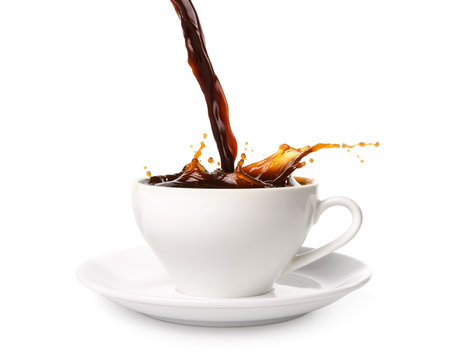 Pouring Coffee Into Cup With Splashing., Isolated On White Background.