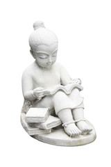 Statue little child to read a book Isolated on white background.
