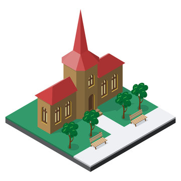 Building with benches and trees in isometric view.
