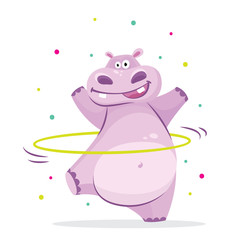 Cute hippo in sport gymnastic position. Sportsman flat icons isolated on white background. Kids illustration