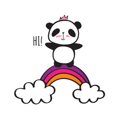 Cute panda with crown and rainbow. Hand drawn illustration for your design. Doodles, sketch. Vector