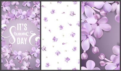 Pastel background set with lilac flowers.