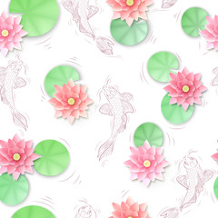 Seamless pattern with Koi carp and lotus paper flowers