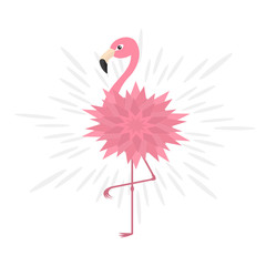 Pink flamingo. Pink flower body. Shining effect. Exotic tropical bird. Zoo animal collection. Cute cartoon character. Decoration element. Flat design. White background. Isolated.