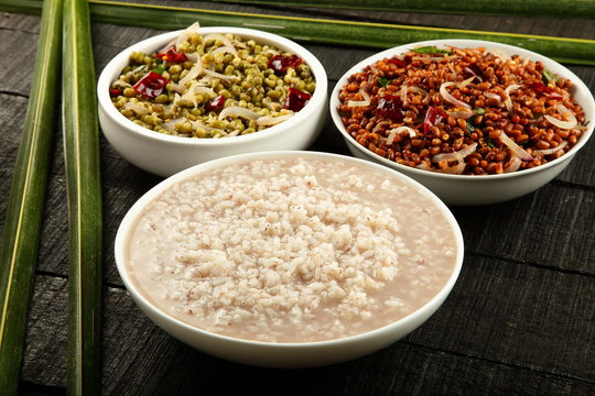 Traditional South Indian rice porridge Known as kanji served with bean curry.