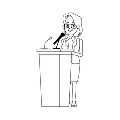 politician woman standing behind rostrum and giving a speech vector illustration