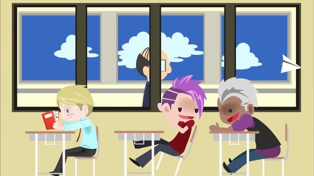 Animation cartoon of school classroom full of naughty stubborn punk students sitting and play in their desk while teacher approaching in the background in 4k