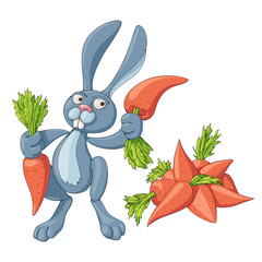 Векторный мультяшный заяц с двумя морковками в лапах стоит рядом с кучей морковок, на белом фоне