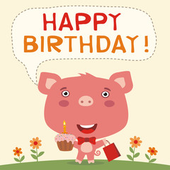 Obraz na płótnie Canvas Happy birthday! Funny piggy with birthday cake and gift. Birthday card with little piggy in cartoon style for child birthday.