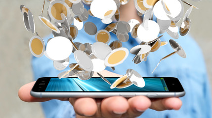 Businessman holding flying currency coins in his hand 3D rendering