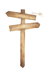 Watercolor wooden signpost. Directions to different places.