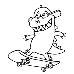 Funny dinosaur in a cap skates on a skateboard. Vector illustration.