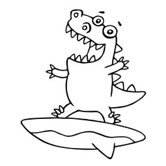 Funny dragon surfer caught a wave. Vector illustration.