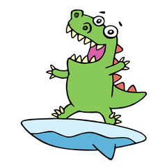 Cute dragon surfer on surfboard caught a wave. Vector illustration.