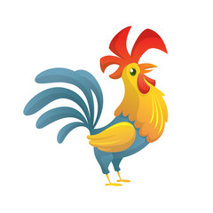 Rooster red crest drawing chicken vector. Brown leghorn rooster bird design animal. Colored farm chinese bird.  Vector character for decoration and design.