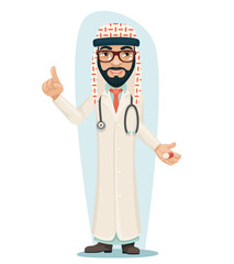 Quality Treatment Arab Keffiyeh Traditional National Muslim Clothes Male Doctor with Pill Medicine Hand Forefinger up Cartoon Character Design Vector Illustration
