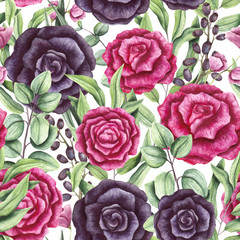 Obrazy na Szkle  Jednolity wzór liści akwareli, różowych i czarnych róż