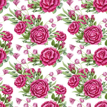 Seamless Pattern of Watercolor Bouquets with Pink Roses