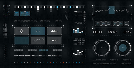 Futuristic user interface. Spaceship screen elements set. Infographic display. Dark color graphic touch screen.
