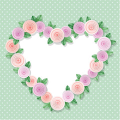 Heart frame decorated with roses on polka dots. With copy space for text or photo. Shabby chic design.
