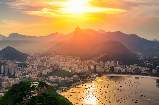Sunset view of Corcovado and Botafogo in Rio de Janeiro. Brazil