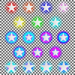 set of white gradient stars signs with glow and round transparent neon luminescence colors vector illustration