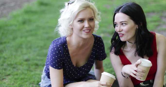 Female friends having takeout coffee in the park