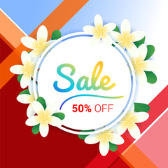 Summer sales banner or poster with floral frame on colorful abstract background