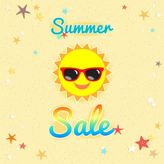 Summer sales banner or poster with smiley sun face wearing sunglasses