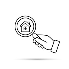 Hand with magnifier look for home vector outline icon. Search for home estate or buying icon