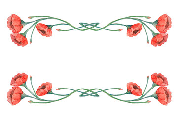 Watercolor vintage red poppies borders
