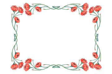 Watercolor vintage red poppies frame