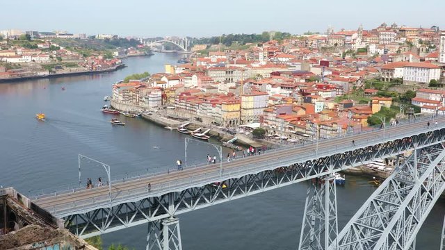 Panoramic view of Porto city with Douro river and Dom Luis I bridge at sunny summer day, Portugal
